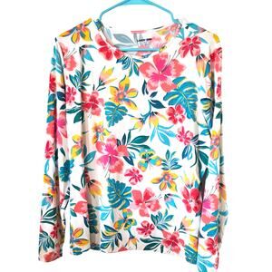 Lands End Womens Floral Rash Guard Swim Top Size XL White Beach Vacation